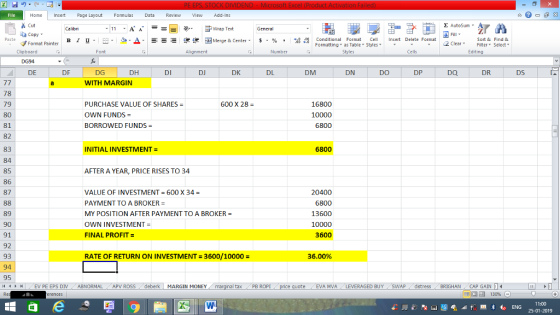 Home nert Page Layout Formulas Data Review View dd-Ins Cut Σ AutoSum ー E ゴWrap Text ta copy ▼ в 1 프 . Ej-., Δ. : rーー 逻锂函Merge & Center. $, % , 弼,8 C Paste Conditional Format CeInsert Delete Format Formatting, as Table w styles. ▼ ㆆ ▼ Sort &Find & 2 ClearFe Select Edting Format Painter Clipboard DG94 DE Font Alignment Number Cells DF DG DH DI DJ DK DL DM DN DO DP DQ DR DS WITH MARGIN 78 79 80 81 82 83 84 85 86 87 PURCHASE VALUE OF SHARES = OWN FUNDS BORROWED FUNDS = 16800 10000 6800 600 X 28 = INITIAL INVESTMENT = 6800 AFTER A YEAR, PRICE RISES TO 34 VALUE OF INVESTMENT = 600 X 34 = PAYMENT TO A BROKER = MY POSITION AFTER PAYMENT TO A BROKER OWN INVESTMENT = FINAL PROFIT- 20400 6800 13600 10000 3600 89 90 91 92 93 94 95 /4 RATE OF RETURN ON INVESTMENT 3600/10000- 36.00% , EV PE EPS DIV ABNORMAL APV ROSS , deberk | MARGIN MONEY al tax . PB ROPİ te EVA MVALEVERAGED BUYSWAPdistressBRIGHAN CAP GAIN 福 130% 11:00 25-01-2019