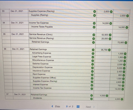 33 Dec 31, 2021 2,600 Supplies Expense (Racing) Supplies (Racing) 2,600 34 Dec 31, 2021 14,000 Income Tax Expense Income Taxe