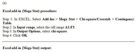 Excel add-in (Mega Stat) procedure: Step 1: In EXCEL, Select Add-Ins > Mega Stat > Chi-square/Crosstab > Contingency Table. Step 2: In Input range, select the cell range Al:F3 Step 3: In Output Options, select chi-square. Step 4: Click OK. Excel add-in (Mega Stat) output: