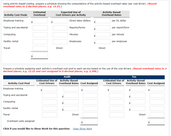 Using activity-based costing, prepare a schedule showing the computations of the activity-based overhead rates (per cost driv