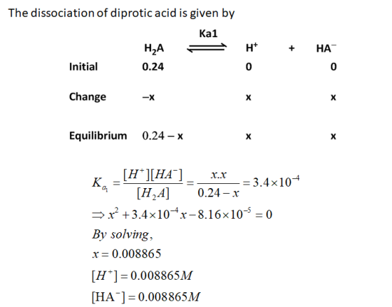 The dissociation of diprotic acid is given by Ka1 H2A Initial H + HA 0.24 Change * Equilibrium 0.24 – x * [H*][HA] _ x.x_=3.4