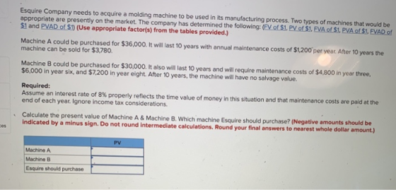 Esquire Company needs to acquire a molding machine to be used in its manufacturing process. Two types of machines that would