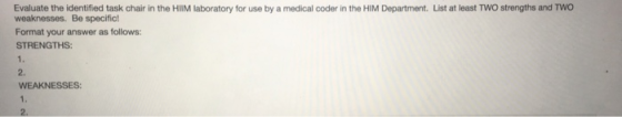 Evaluate the identified task chair in the HlM laboratory for use by a medical coder in the HIM Department. List at least TWO