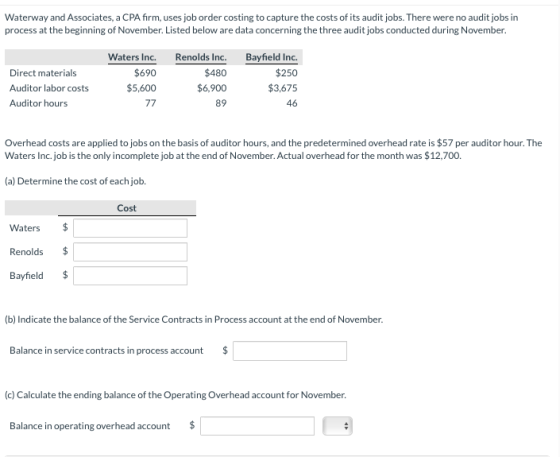 Waterway and Associates, a CPA firm, uses job order costing to capture the costs of its audit jobs. There were no audit jobs