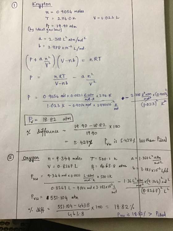 V = L.023 L Krypton n = 0.9054 moles T = 274.0K Pi = 19.90 atm (by ideal gas law) a = 2.318 L² atm/not? b = 3.978 x 10² L/mol