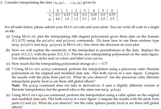 2. Consider interpolating the data (x0,yo), . . . , (x64%) given by Xi | 0.1 | 0.15 | 0.2 | 0.3 | 0.35 | 0.5 | 0.75 yi 4.0 1.