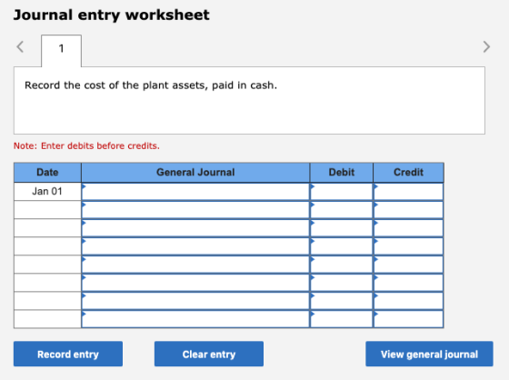 Journal entry worksheet Record the cost of the plant assets, paid in cash. Note: Enter debits before credits. Date General Jo