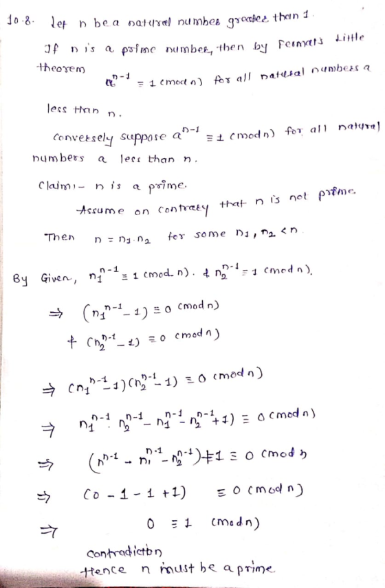 10.8. let n bea nature numbes grcccbe a thoin 1 of n is a poime numbek, then by peonment theorem ) - 1 c modo fox albatical n