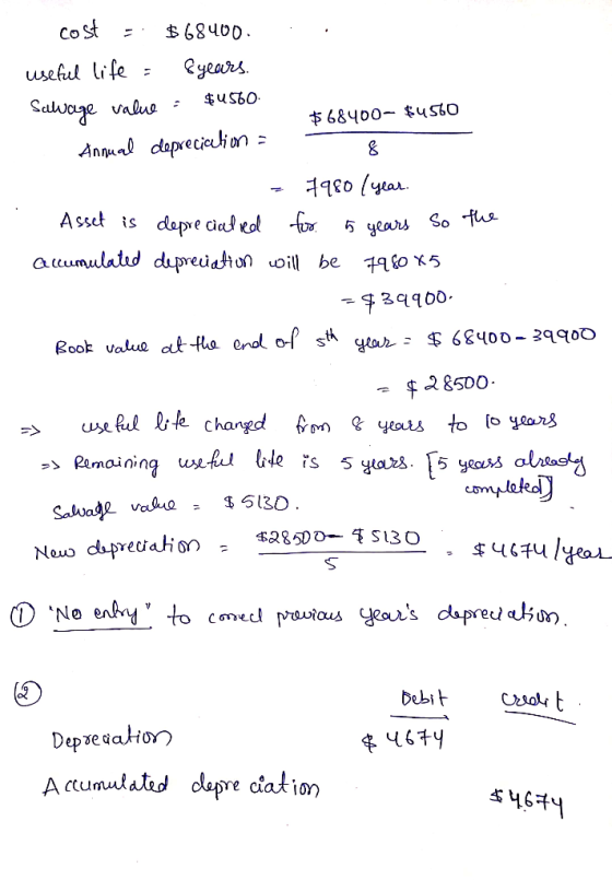 cost - $68400 useful life = Syears. Sawage value = $4560 $68400- $4560 Annual depreciation = = 7980 [year. Asset is depreciat