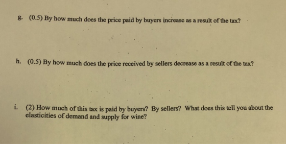 g. (0.5) By how much does the price paid by buyers increase as a result of the tax? h. (0.5) By how much does the price recei