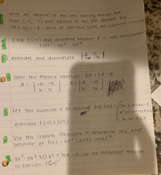 Write an equation of the line passing through the Point (-1,-4) and Parallel to the line defined by 5x + 3y = -8. Write in St
