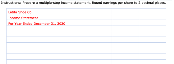 Instructions: Prepare a multiple-step income statement. Round earnings per share to 2 decimal places. Latifa Shoe Co. Income