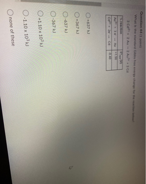 Question 44 (1 point) What is the standard Gibbs free energy change for the reaction be 3 Ca2+ + 2 Au 2 AuJ+3 cd % reaction E