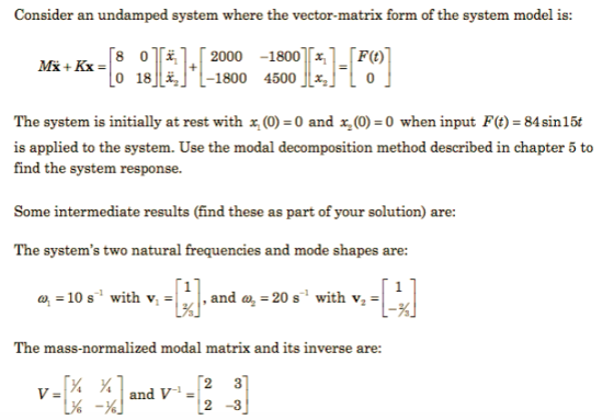 Consider an undamped system where the vector-matrix form of the system model is: [F(t) [8 orë Mx + x = LO 183, 2000 -1800 x (