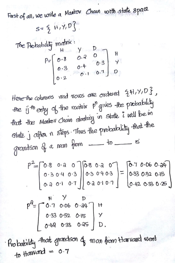 Frstof all, we wrile a Mas Malov Chan oth stae 3paa lly matk 0.3 040.3 0 2 2e Hlete the columns and øous ane ordere 4,,DF ร์he matrix pngives the poba that the o 3 0 0.303 0403F 0.33 0.S2 0.15 0.42 O-33 0.25 1H 0 33 0.52 05Y 0 033 0-35 D man from Hasvod went to ttanvando