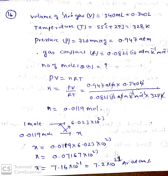 volume q Arógens (V) = 340mL = 0.34010 Temperature (T) = 55€+ 273=1328;k pressure (P) = 720mmity = 0.947 atm gas constant (R)