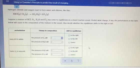 Using Lo Chatollers Principle to predict the result of changing Hydrogen chloride and oxygen react to form water and chlorin