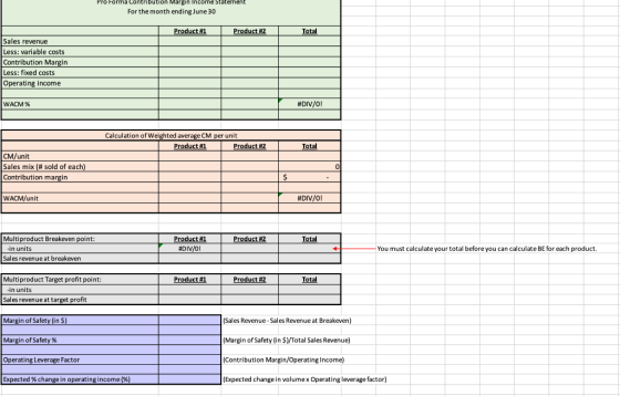 Pro Forma Contribution Margin Income Statement For the month ending June 30 Product #1 Product #2 Total Sales revenue Less: v