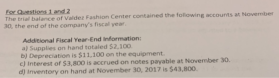 For Questions 1 and 2 The trial balance of Valdez Fashion Center contained the following accounts at November 30, the end of