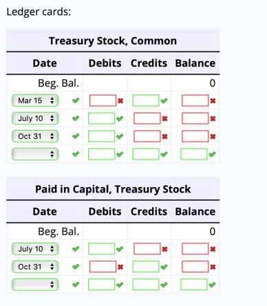 Ledger cards: Treasury Stock, Common Date Debits Credits Balance Beg. Bal. Mar 15 * July 10 * Oct 31 D * Paid in Capital, Tre