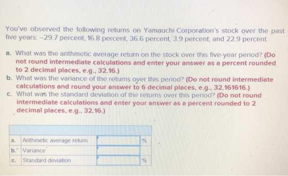 Youve observed the following returns on Yamauchi Corporations stock over the past five years: -29.7 percent, 16.8 percent,