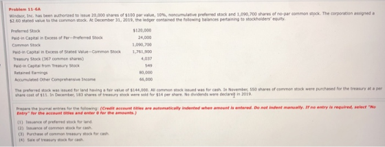 Problem 11-6A Windsor, Inc. has been authorized to issue 20,000 shares of $100 par value, 10%, noncumulative preferred stock