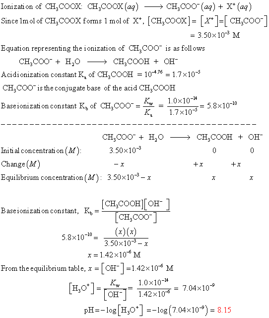Ionization of CH,COOX: CH,COOX(aq) →→ CH,000-(aq) + X* (aq) Since Imol of CH,COOX forms 1 mol of X*, [CH,COOX]= [x+]=[ CH,000