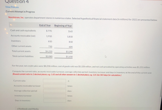 Question 4 View Policies Current Attempt in Progress Nordstrom, Inc. operates department stores in numerous states. Selected