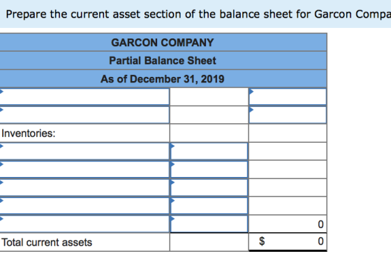 Prepare the current asset section of the balance sheet for Garcon Compa GARCON COMPANY Partial Balance Sheet As of December 3
