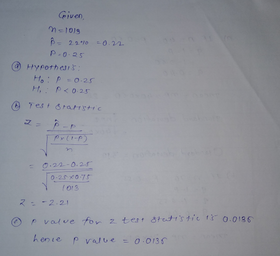 Coiven, n=1013 0 - 2 2 20 20 21 P=0.25 & Hypothesis: Ho: P = 0.25 Hei P<0.25 6 Test & ratistic z = Ô -P px ( p) = 0.22 0.25 T