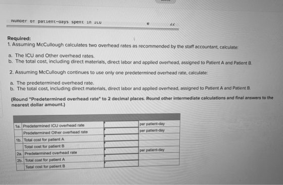 Number of patient-days spent in ICU 22 Required: 1. Assuming McCullough calculates two overhead rates as recommended by the s