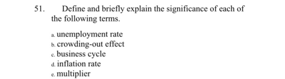 Define and briefly explain the significance of each of the following terms. a. unemployment rate b. crowding-out effect c. business cycle d. inflation rate e. multiplier