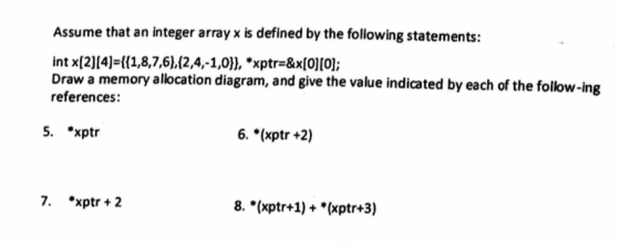 Assume that an integer array x is defined by the following statements: int x[21I4]-l(1,8,7,61,(2,4,-1,01), *xptr-&x[oIo); Draw a memory allocation diagram, and give the value indicated by each of the follow-ing references: 5. *xptr 6. *(xptr +2) 7. xptr2 8. (xp+1)+ (xptr*3)