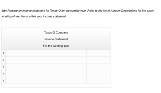 3(b) Prepare an income statement for Texas-Q for the coming year. Refer to the list of Amount Descriptions for the exact word