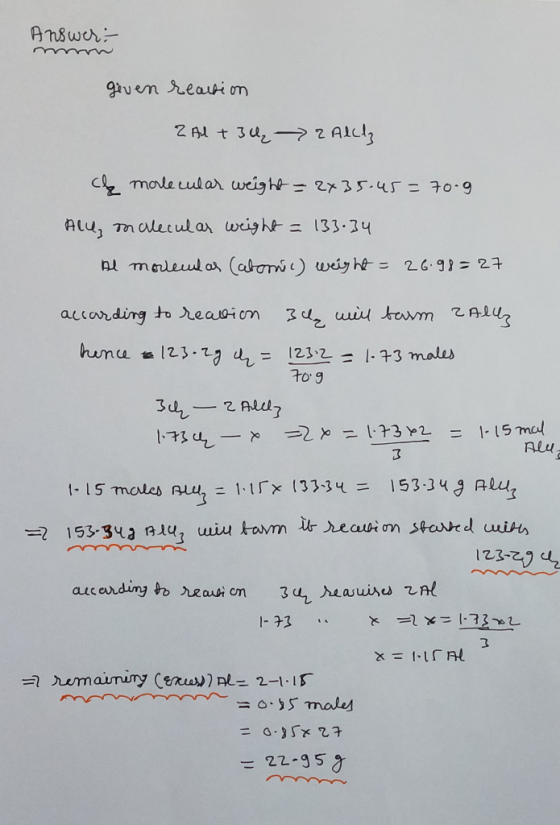 Answer: geven reaction 2 Altių 2 Alcd che molecular weight = 2435.45= 70.9. Alu, molecular weight = 133.34 Al molendas Caboni