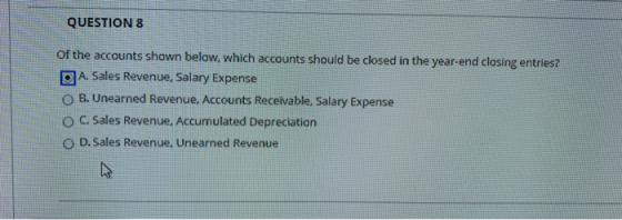 QUESTION 8 of the accounts shown below, which accounts should be closed in the year-end closing entries? A. Sales Revenue, Sa