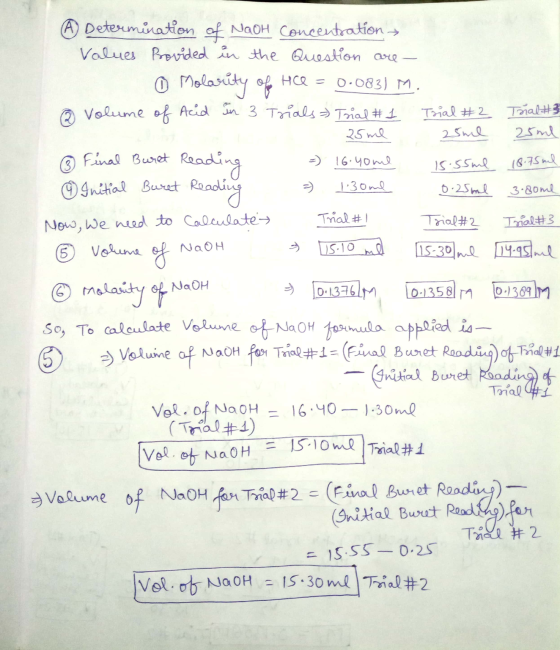 ④ Determination of NaOH Concentration Values Provided in the Question are - 0 Molarity of HCO = 0.083) M. @ Volume of Acid in
