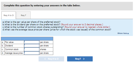 Complete this question by entering your answers in the tabs below. Reg A to D ReqF a. What is the par value per share of the