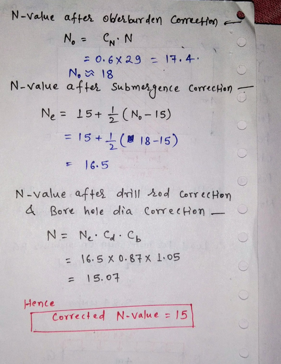 N-Value after oberbur den Coreetin No - CN N 0.6 X29 = 17.4 No18 N-value after Submergence Correcten CN,-15) Ne = 15+ = 15+ (