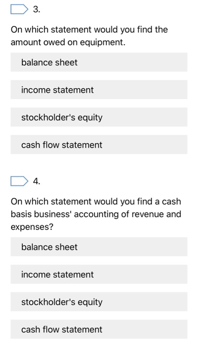 3. On which statement would you find the amount owed on equipment. balance sheet income statement stockholders equity cash f