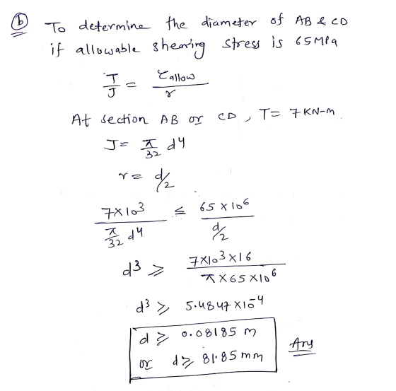 To determine the diameter of AB & CD if allowable sherring stress is 65MP Callow Ho c CD T= 7 KN-m At section AB or J = 7 / 2