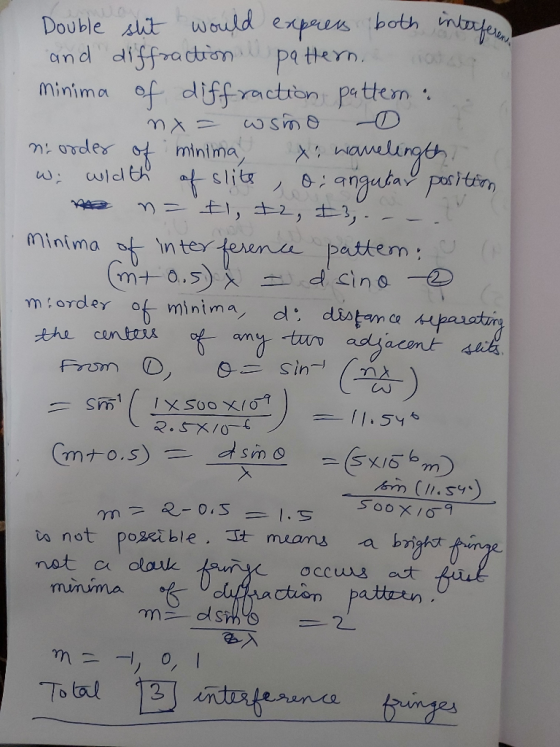 Double shit would express both interferon and diffraction pattern. chats minima of diffraction pattern ... nx = wsmo - no ord