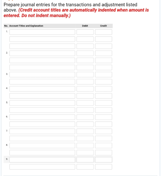 Prepare journal entries for the transactions and adjustment listed above. (Credit account titles are automatically indented w