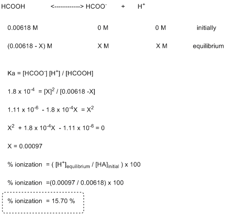 < HCOO н* нсоон initially 0.00618 M 0 M 0 M (0.00618- X) M Хм ХМ equilibrium Е (HCOO] [Н]/[Нсоон] 1.8 x 104 X2 /(0.00618 -X