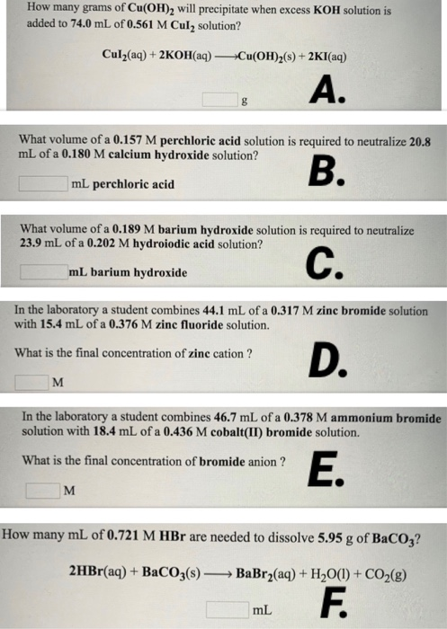 How many grams of Cu(OH)2 will precipitate when excess KOH solution is added to 74.0 mL of 0.561 M Cul2 solution? Cu12(aq) +