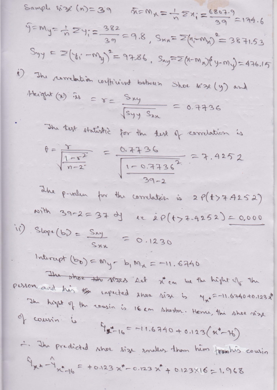 39 = 174.6 -9,8 39 Sample size (n)=39 st=mx = h En; = 6807.9 G= My = h 24; = 382 Sex = Zn-M) ² = 3871.53 Syy aloi-my)² = 97.8