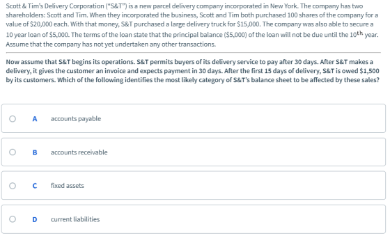 Scott & Tims Delivery Corporation (S&T) is a new parcel delivery company incorporated in New York. The company has two sha