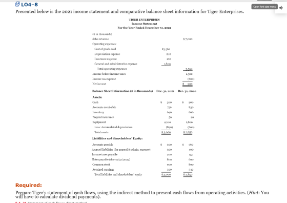 L04-8 Presented below is the 2021 income statement and comparative balance sheet information for Tiger Enterprises. Open font