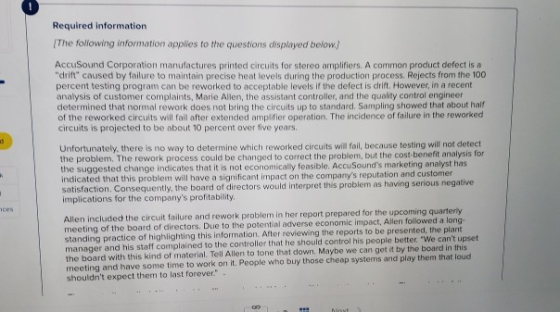 Required information The following information applies to the questions displayed below AccuSound Corporation manufactures printed circuits for stereo amplifiers. A common product defect is a percent testing program can be reworked to acceptable levels if the defect is drift. However, in a recent drift caused by failure to maintain precise heat levels during the production process. Rejects from the 100 analysis of customer complaints, Marie Allen, the assistant controller, and the quality control engineer determined that normal rework does not bring the circuits up to standard. Sampling showed that about haif of the reworked circuits will fail after extended amplifier operation. The incidence of failure in the reworked circuits is projected to be about 10 percent over five years Unfortunately, there is no way to determine which reworked circuits will fail, because testing will not detect the problem. The rework process could be changed to correct the problem, but the cost-benefit analysis for the suggested change indicates that it is not economically feasible. AccuSounds marketing analyst has indicated that this problem will have a significant impact on the companys reputation and customer satisfaction. Consequently, the board of directors would interpret this problem as having serious negative implications for the companys profitability. Allen included the meeting of the board of directors. Due to the potential adverse economic impact, Allen foilowed a standing practice of highlighting this information. After reviewing the reports to be presented, the plant manager and his staff complained to the controller that he should control his people better. We cantu the board with this kind of material. Tell Allen to tone that down. Maybe we can get it by the board in thi meeting and have some time to work on it. People who buy those cheap systems and play them that loud shouldnt expect them to last forever. circuit failure and rework problem in her report prepared for the upcoming quarterly
