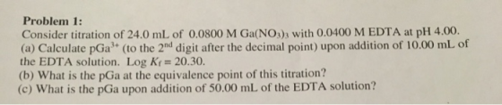 Problem 1: Consider titration of 24.0 mL of 0.0800 M Ga(NO3)3 with 0.0400 M EDTA at pH 4.00. (a) Calculate pGa+ (to the 2nd d